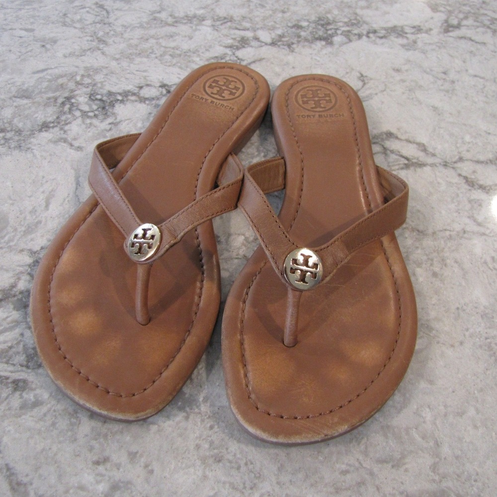 Tory Burch Capri Leather Flip Flop Sandals Tan Caramel Gold Logo Size 7